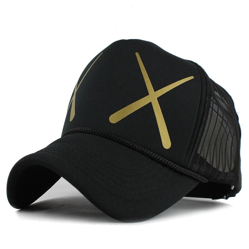 Stylish unisex fitted mesh cap in black with gold cross design, perfect for casual fashion enthusiasts.
