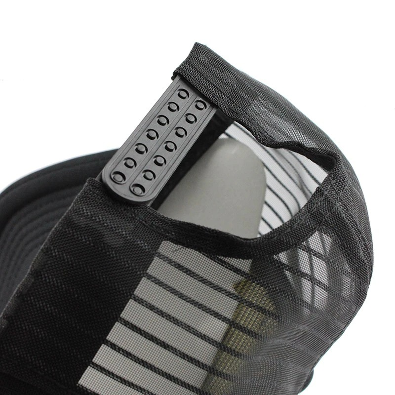 Close-up of the adjustable strap on a stylish fitted mesh baseball cap for unisex casual wear.