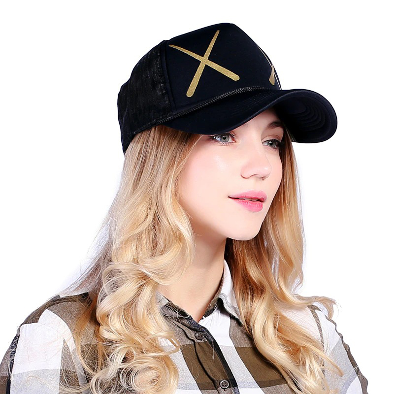 Stylish unisex fitted mesh cap in black with gold accents, perfect for casual outfits and outdoor activities.