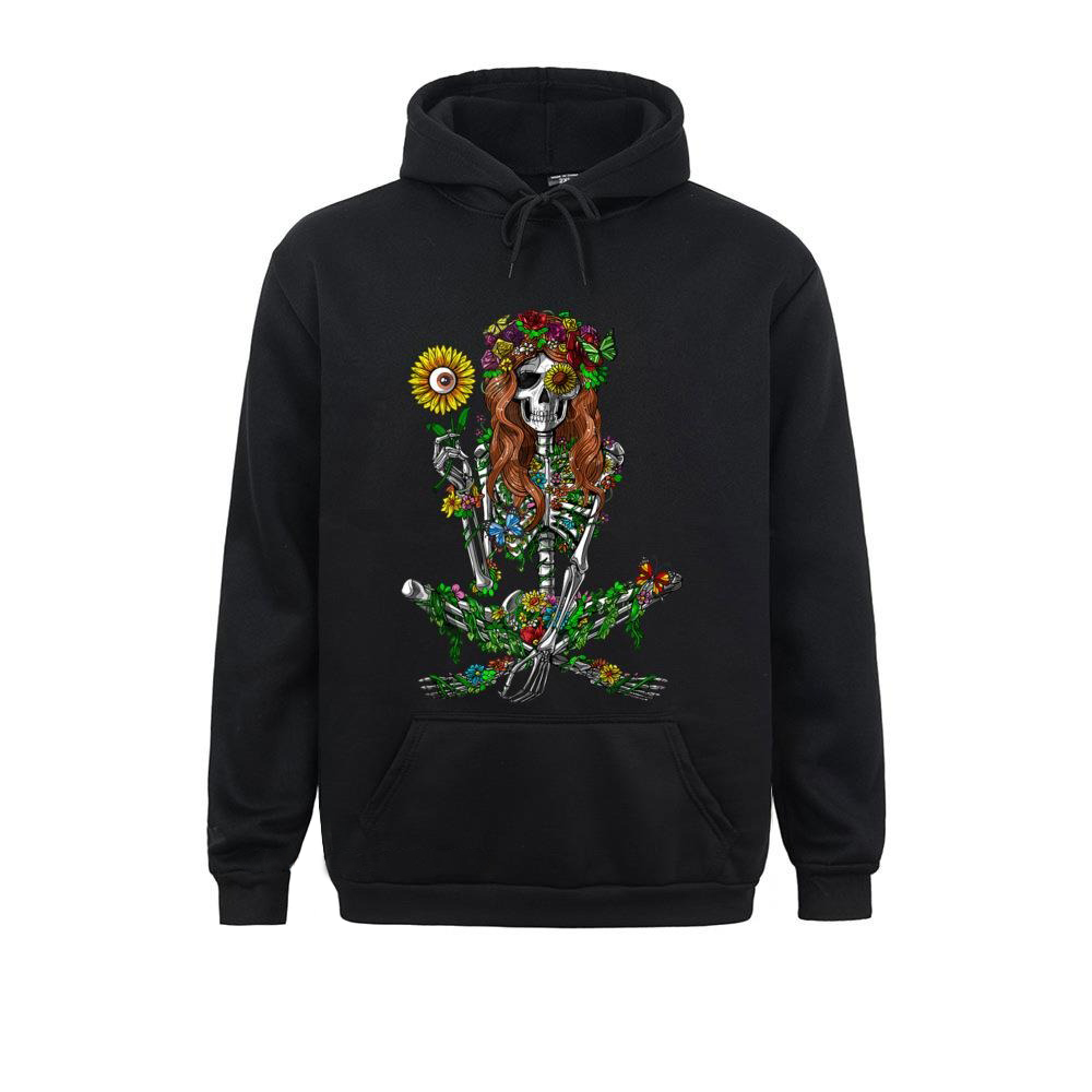 Stylish floral skeleton print hoodie in black, featuring colorful floral design for unisex alternative fashion.