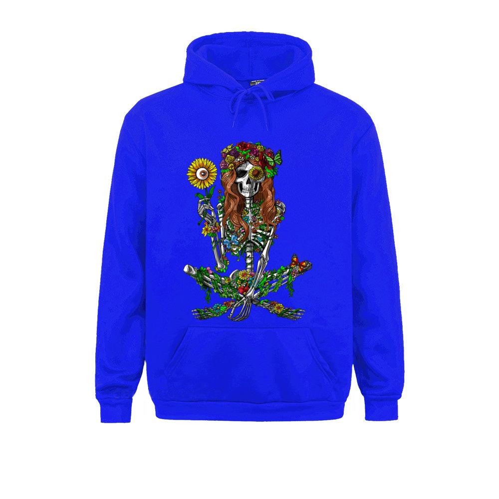 Unisex floral skeleton print hoodie in bright blue, featuring a stylish design with flowers and a skull.