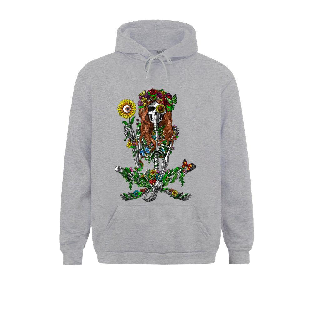 Stylish unisex floral skeleton print hoodie in gray, featuring a vibrant flower design and modern cut.