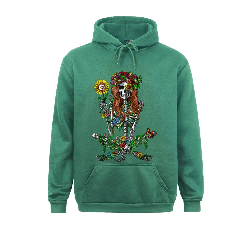 Stylish unisex floral skeleton print hoodie in green, featuring vibrant flowers and a skeleton design for alternative fashion lovers.