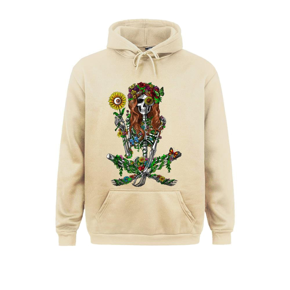 Stylish unisex floral skeleton print hoodie in beige with unique flower design, perfect for alternative fashion lovers.