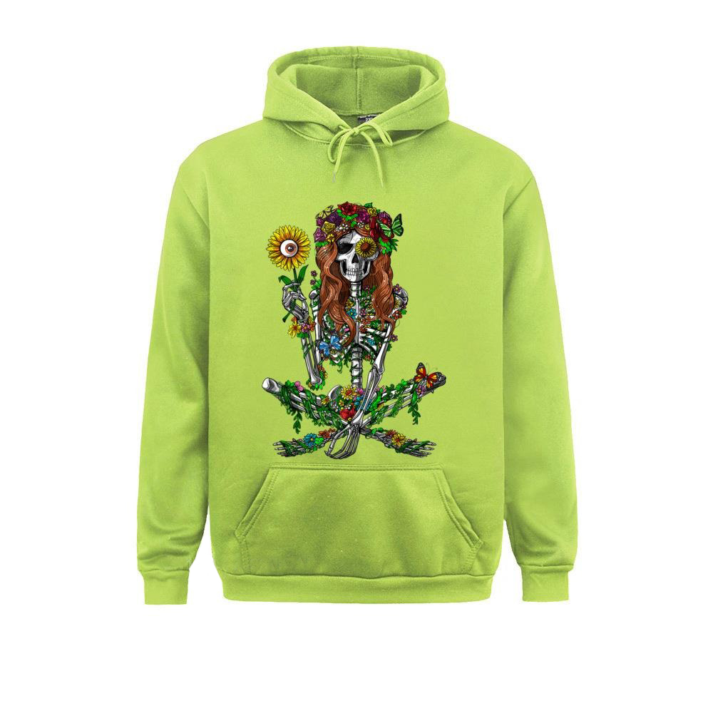 Stylish green hoodie featuring a floral skeleton print, perfect for alternative fashion lovers.