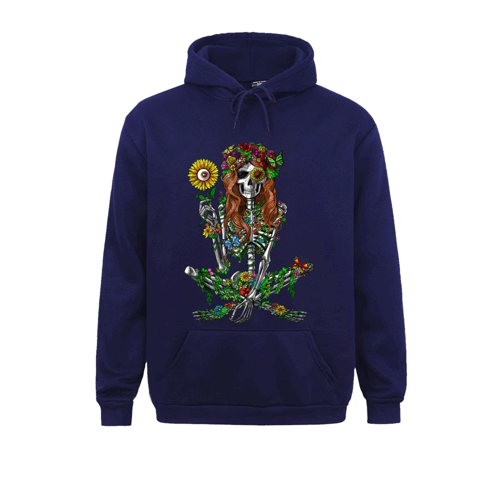 Stylish unisex floral skeleton print hoodie in navy with vibrant flower design, perfect for alternative fashion lovers.