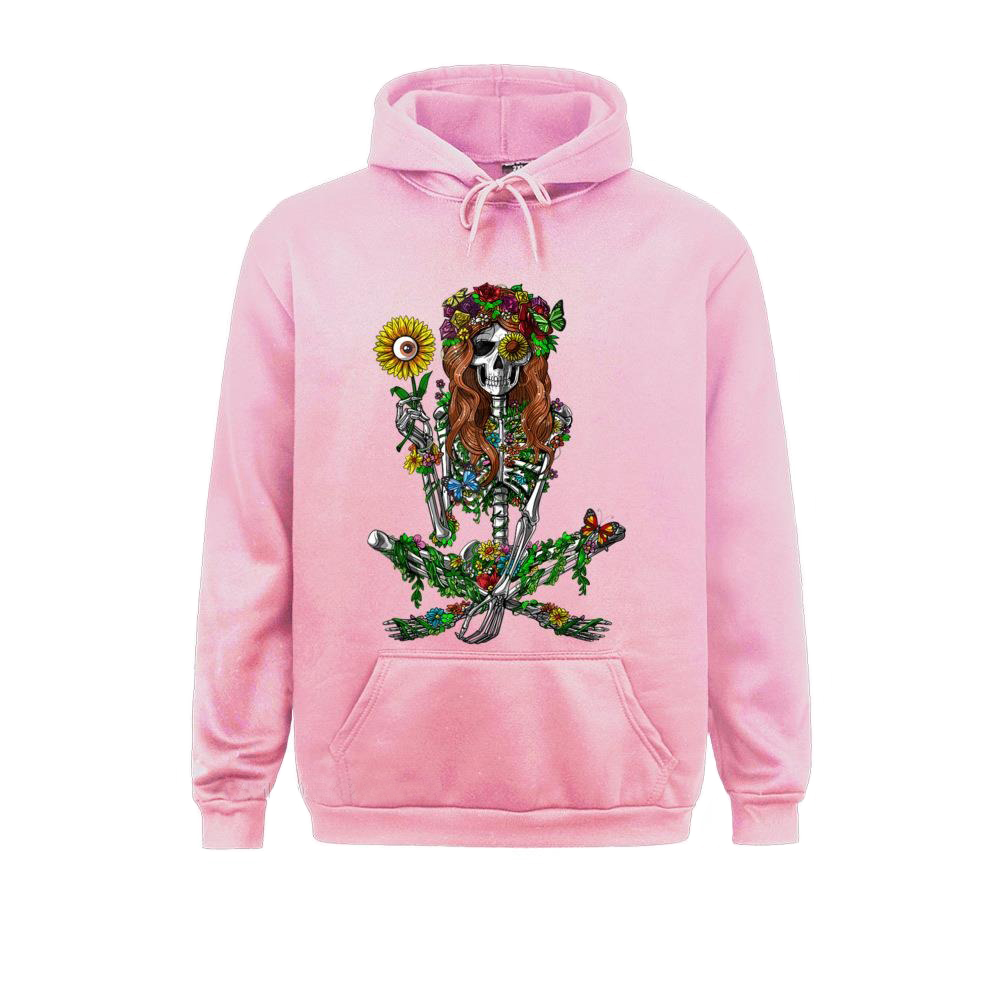 Stylish pink unisex hoodie featuring floral skeleton print, perfect for alternative fashion lovers.