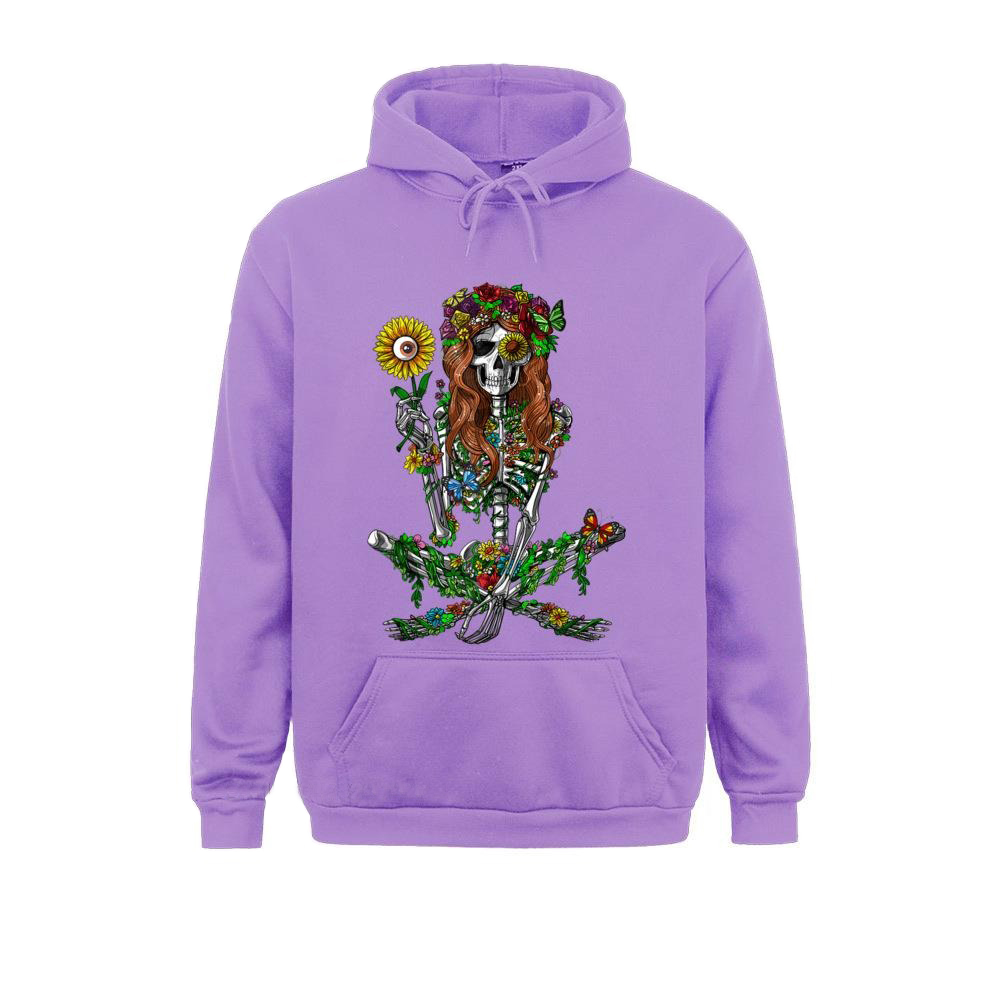 Stylish purple hoodie with floral skeleton print, blending alternative fashion and comfort, perfect for unisex appeal.