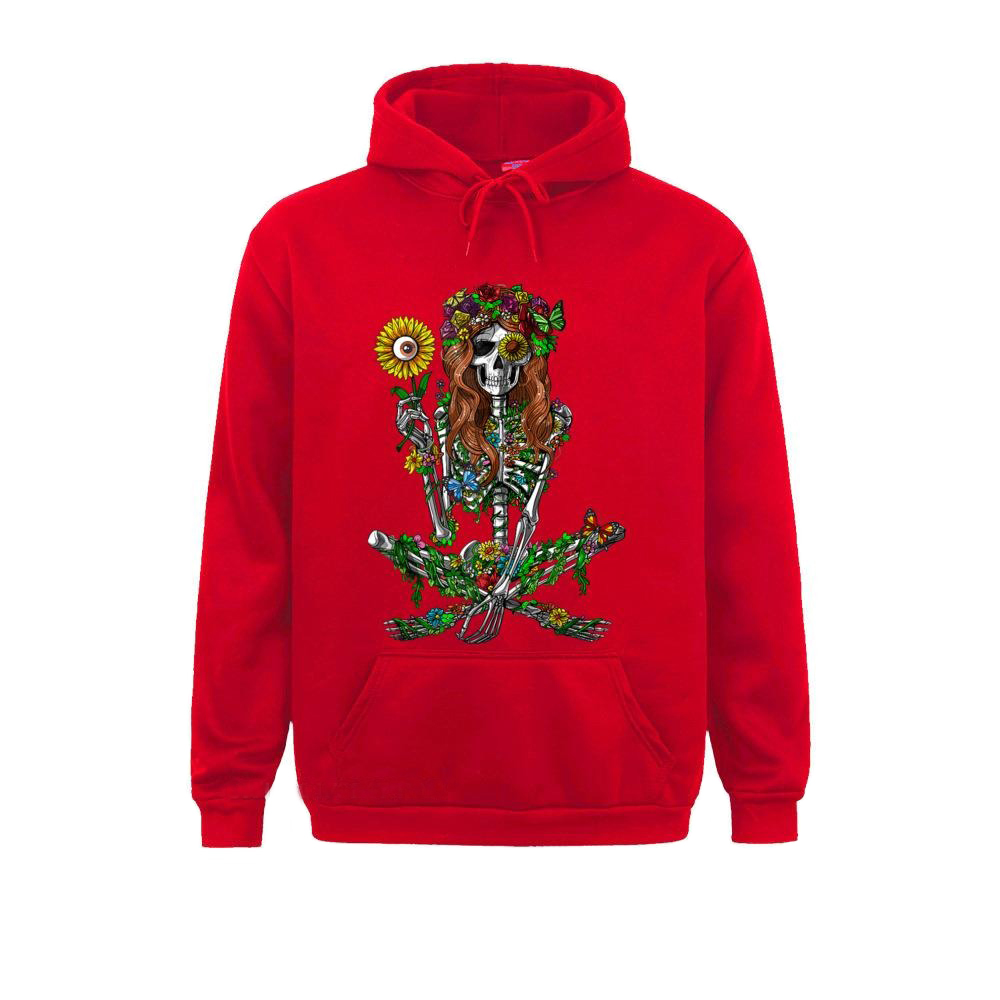 Stylish red unisex hoodie featuring a floral skeleton print, perfect for alternative fashion lovers.