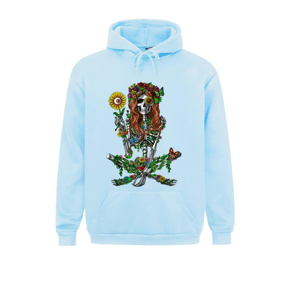 Stylish blue unisex hoodie with floral skeleton print and sunflowers for alternative fashion lovers.