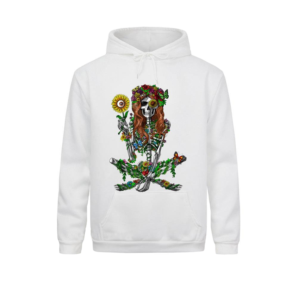 Stylish white hoodie with floral skeleton print, perfect for alternative fashion lovers.