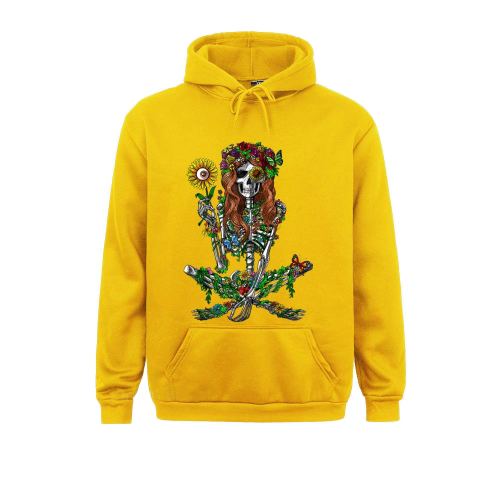Stylish yellow unisex hoodie featuring floral skeleton print, perfect for alternative fashion fans.