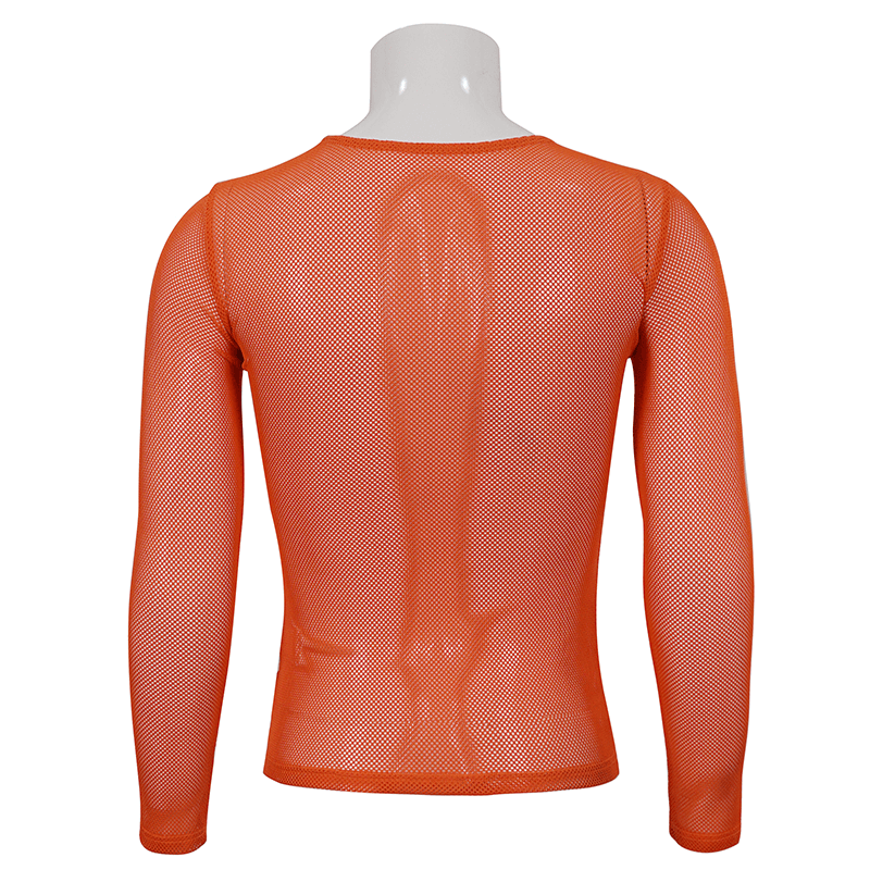 Back view of a stylish men's orange long sleeve mesh top, showcasing breathable fabric and trendy alternative style.