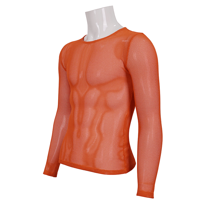Trendy men's long sleeve orange mesh top, perfect for alternative style clothing and a standout fashion statement.