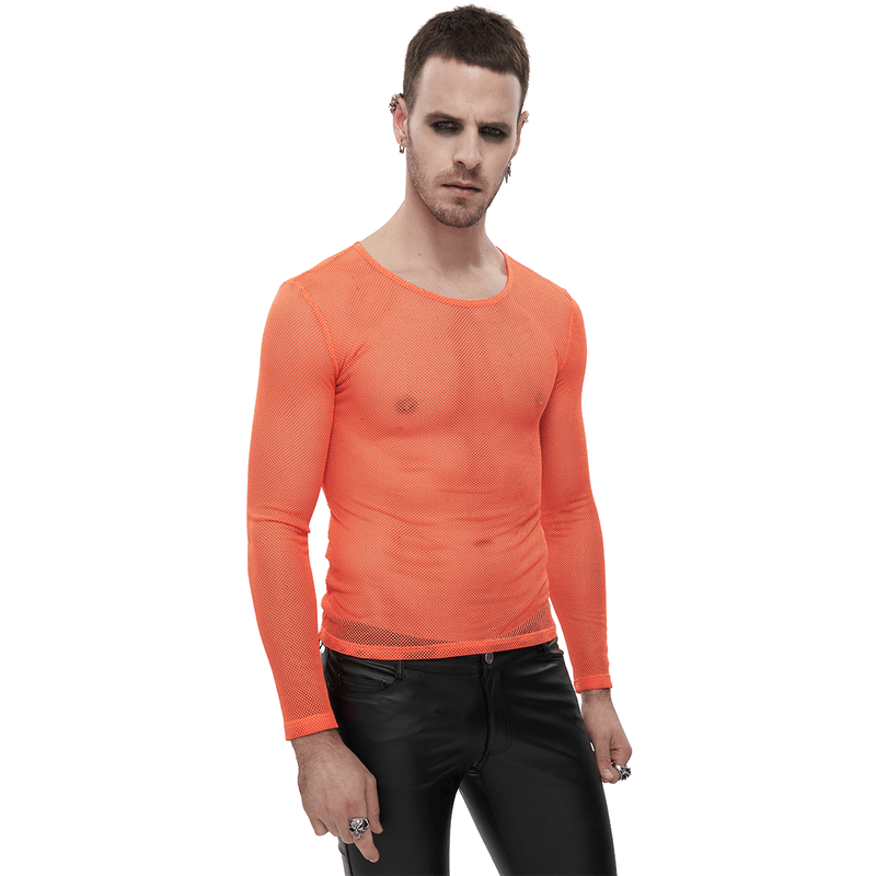 Stylish men's orange mesh long sleeve top, perfect for alternative fashion lovers, showcasing a trendy and eye-catching design.