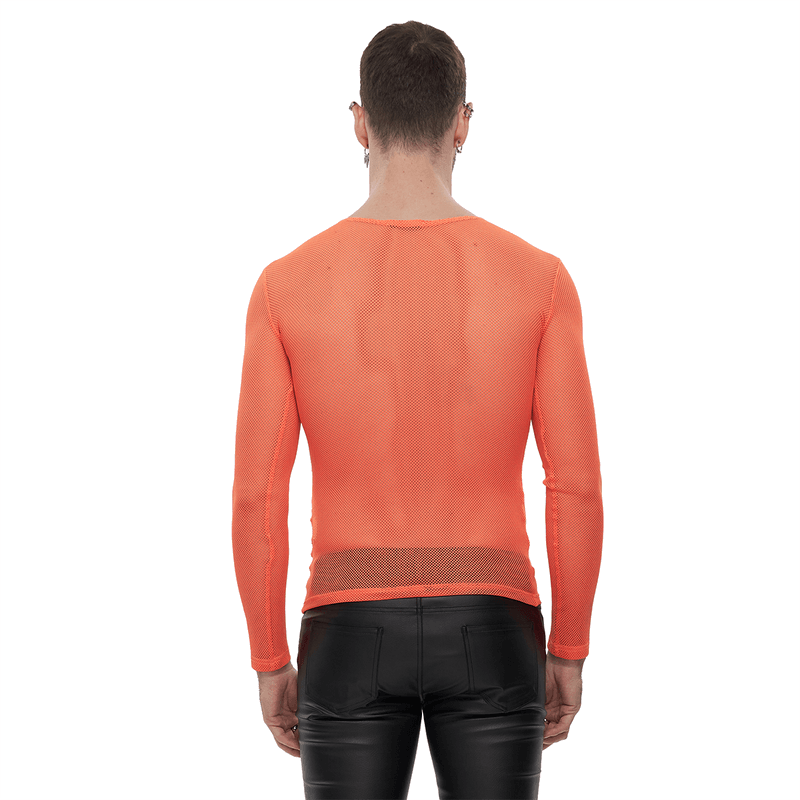 Stylish Fluorescent Long Sleeve Mesh Top for Men / Male Soft Stretchy Orange Transparent Tops - HARD'N'HEAVY
