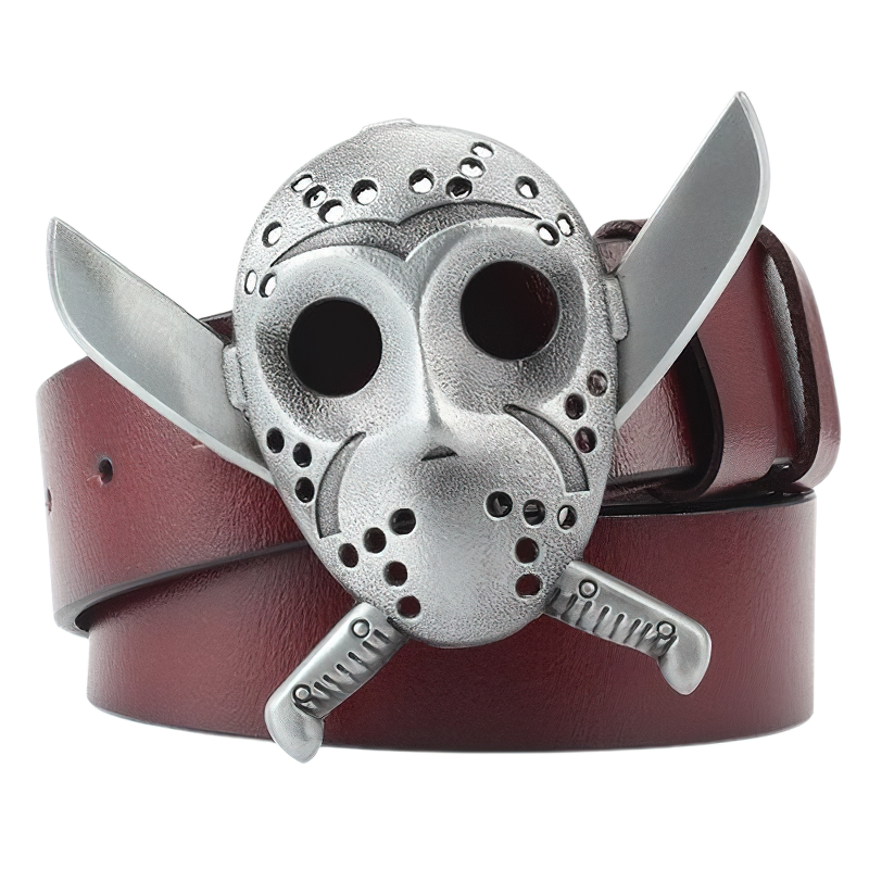 Stylish unisex leather belt with Jason's mask shape buckle in retro rock style, perfect for vintage outfits.