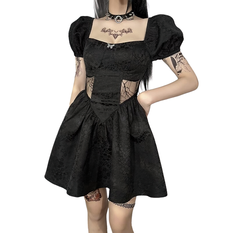 Stylish Gothic Mini Dress With Puff Sleeve For Women / Vintage Lace Clothing Of High Waist - HARD'N'HEAVY
