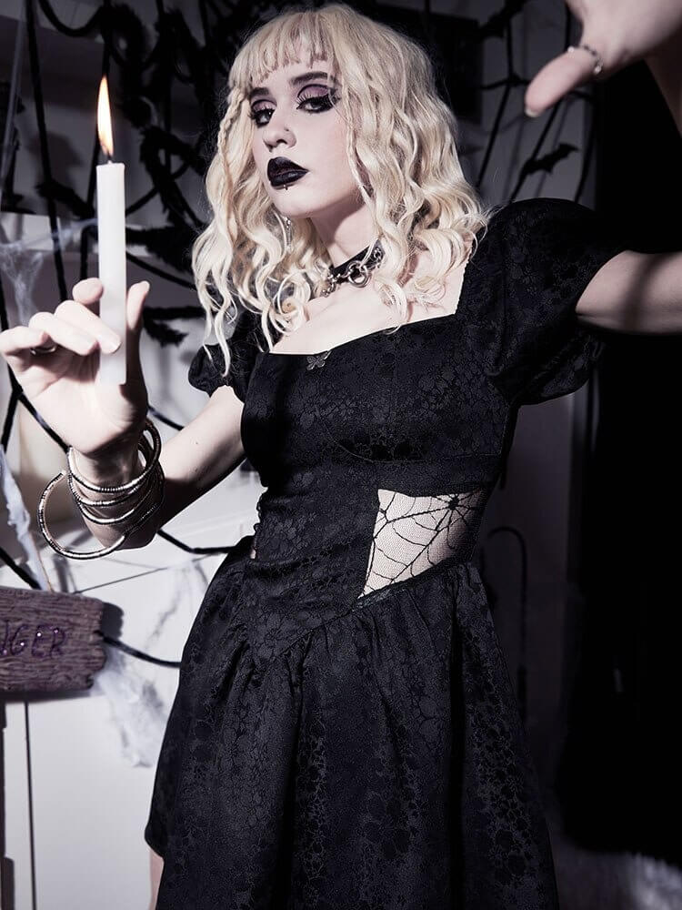Stylish Gothic Mini Dress With Puff Sleeve For Women / Vintage Lace Clothing Of High Waist - HARD'N'HEAVY