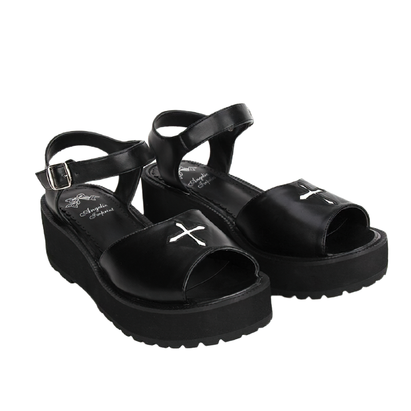 Stylish women's gothic black PU leather sandals with cross embroidery and comfortable tractor sole.