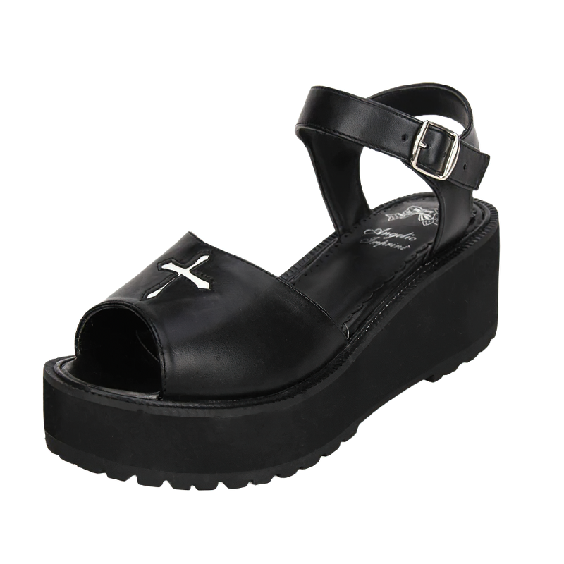 Stylish black PU leather gothic sandals for women with cross embroidery and comfortable tractor sole.