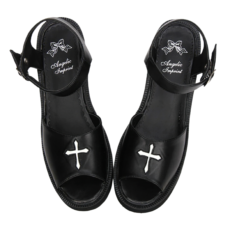 Stylish Gothic Sandals For Women Of PU Leather / Casual Shoes With Cross Embroidery - HARD'N'HEAVY