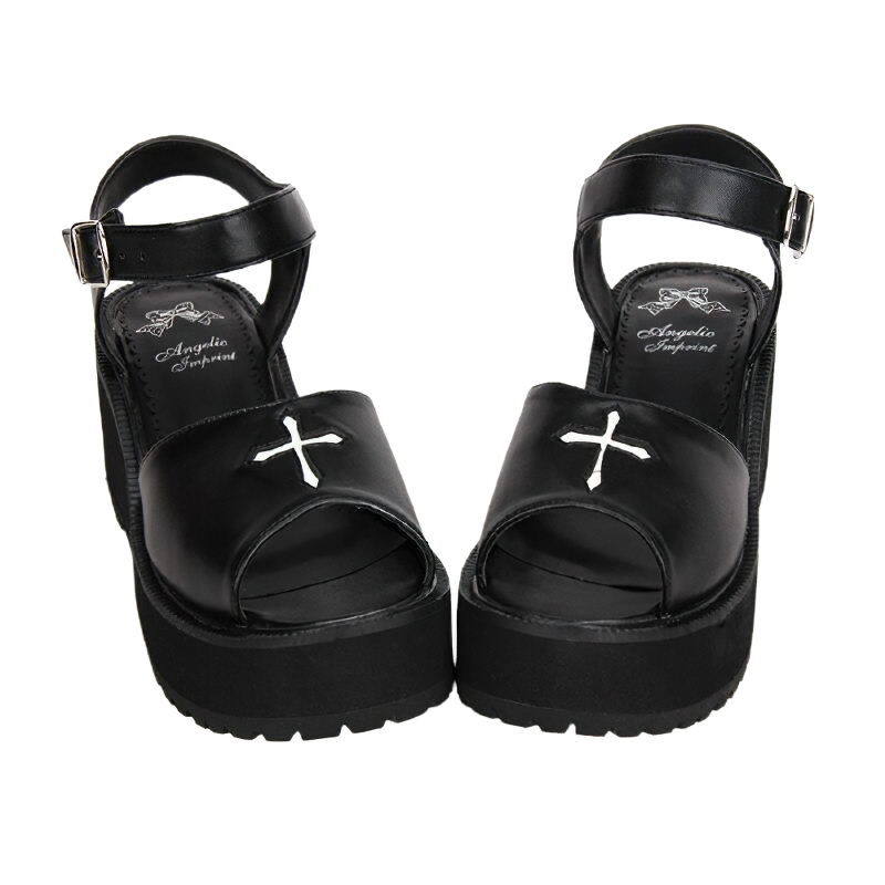 Stylish black PU leather gothic sandals for women with cross embroidery and comfortable tractor sole.