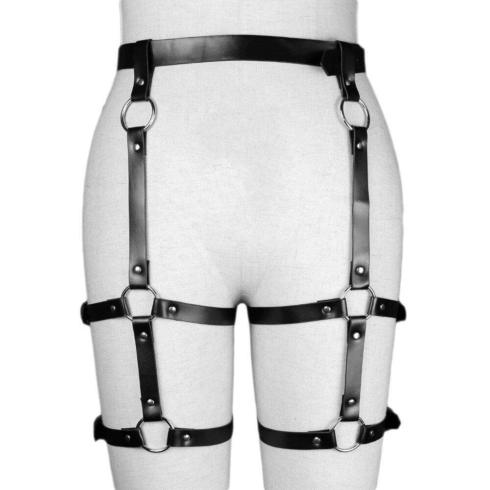 Stylish black leather gothic waist harness belt with silver fittings for a sexy and elegant look.