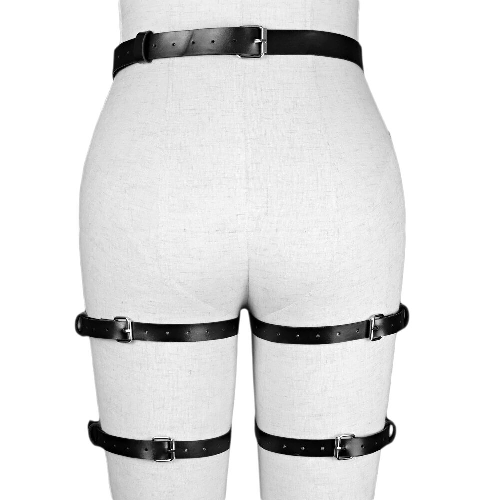 Stylish black leather gothic waist harness belt showcasing adjustable bondage design on a mannequin.