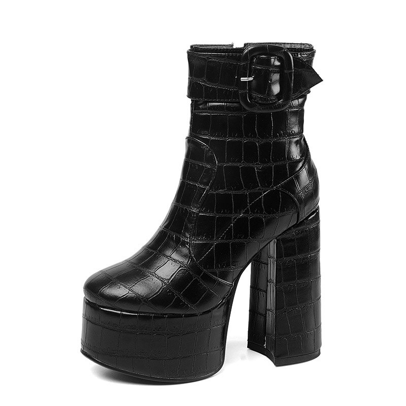 Stylish black PU leather platform ankle boots with buckle, perfect for trendy women's fashion.