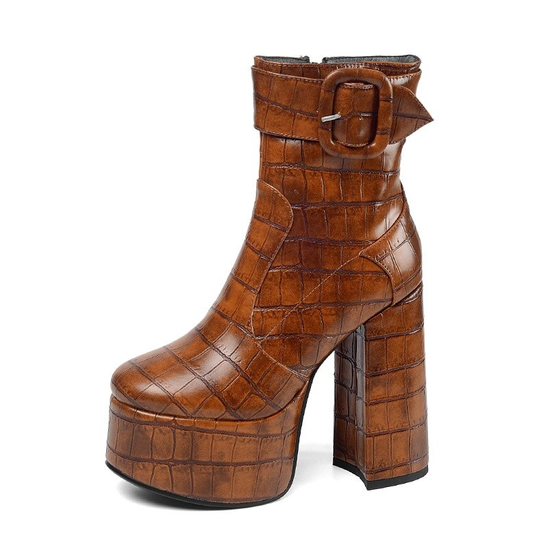 Stylish brown crocodile pattern high heel platform ankle boots with buckle detail for women.