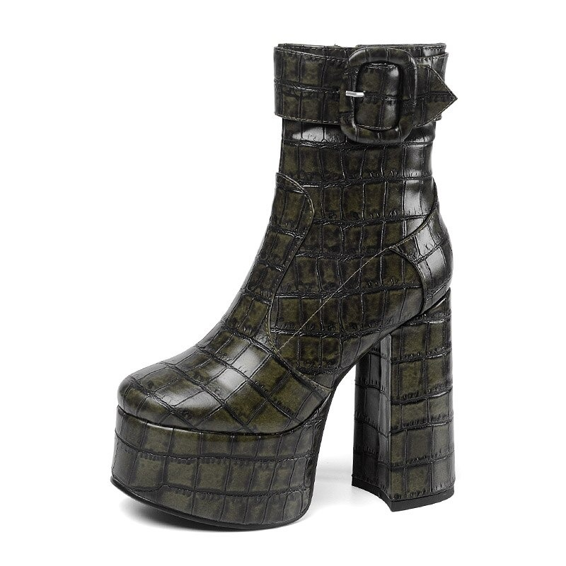 Stylish women's high heels platform ankle boots in dark green PU leather with buckle detail and trendy crocodile texture.