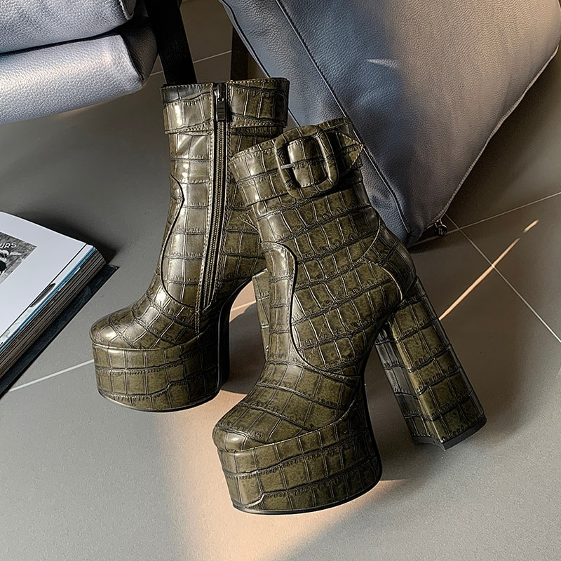 Stylish green PU leather platform ankle boots with high heels and buckle, perfect for trendy women's casual outfits.