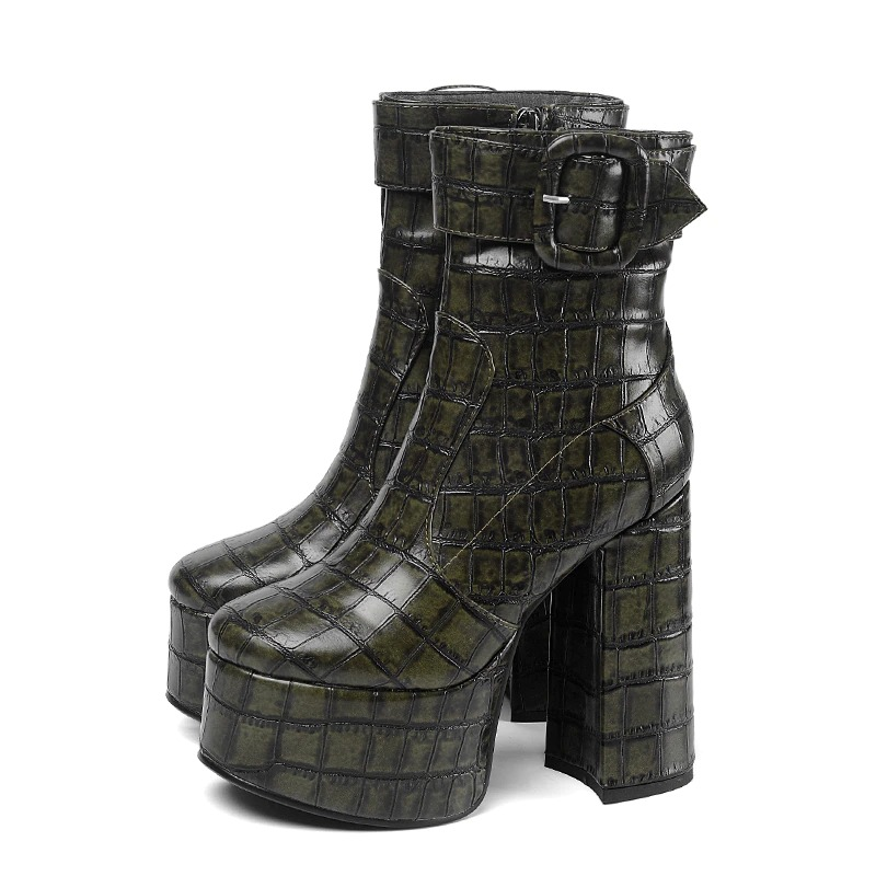 Stylish high heel platform ankle boots for women in dark green PU leather with buckle detail.