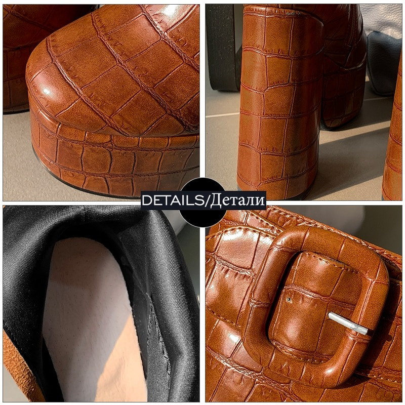 Stylish brown PU leather platform boots featuring a chic buckle and crocodile print texture, perfect for trendy outfits.