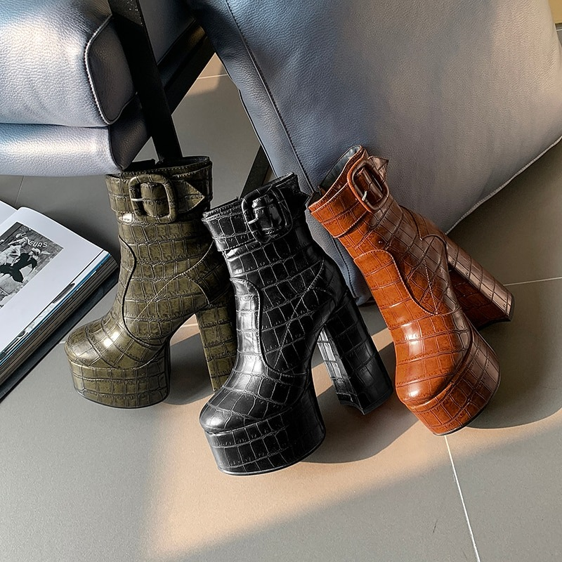 Stylish high heels platform women's boots in black, green, and brown PU leather with buckle details.
