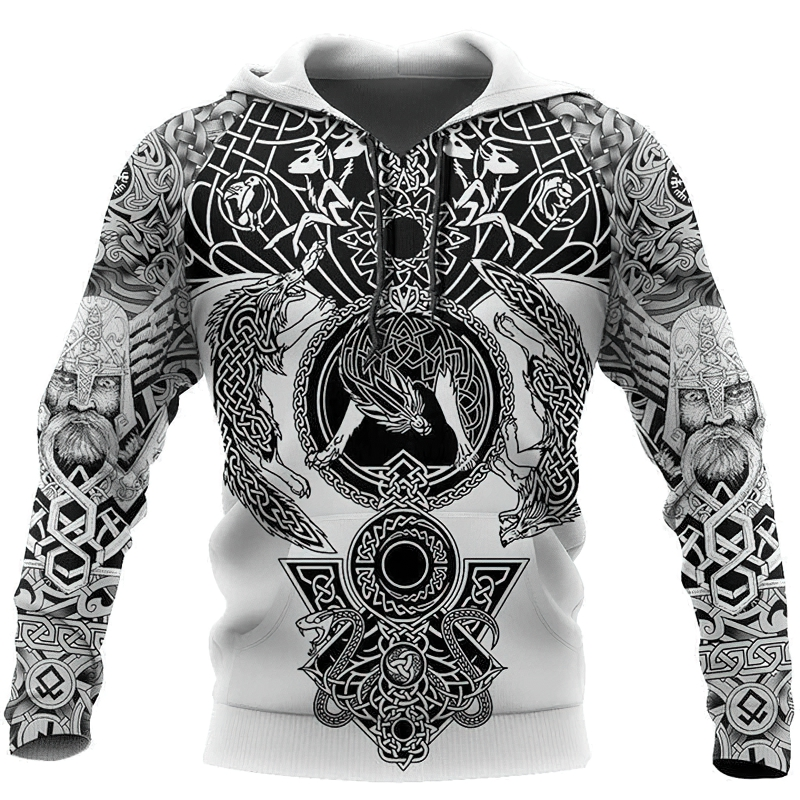 Men's stylish white hoodie featuring intricate Viking tattoo 3D print design with Norse motifs and patterns.