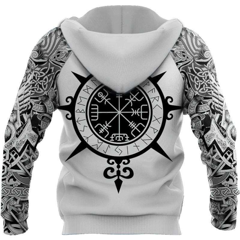 Stylish men's white hoodie featuring intricate Viking tattoo design on sleeves and back.
