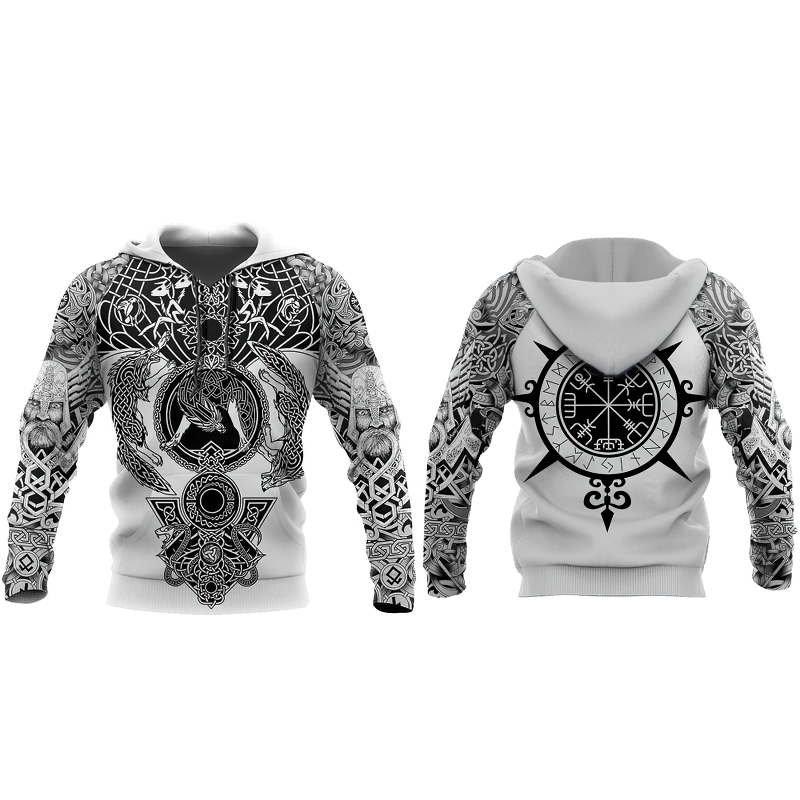 Stylish 3D printed men's hoodie featuring intricate Viking patterns on a white background.