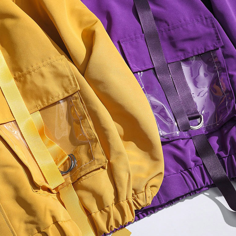 Stylish men's military streetwear jacket in yellow and purple with unique pockets and ribbons, showcasing alternative fashion.