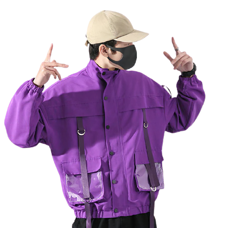 Trendy purple military streetwear jacket for men with pockets and oversized fit, perfect for alternative fashion.