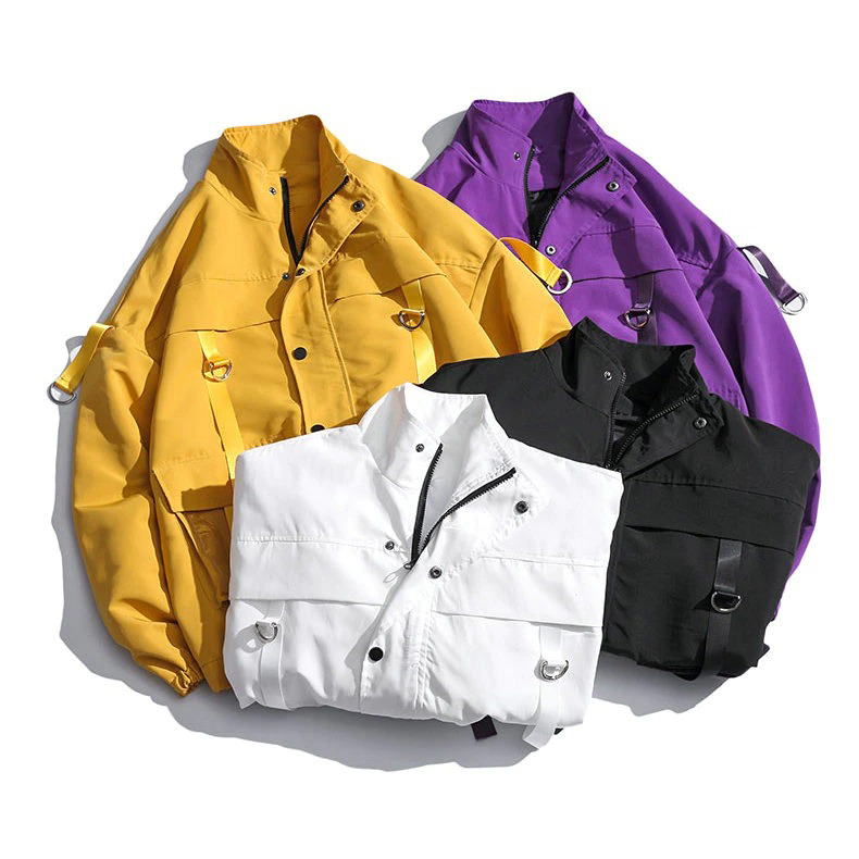 Stylish men's military streetwear jackets in yellow, purple, black, and white with creative pockets and oversized cut.