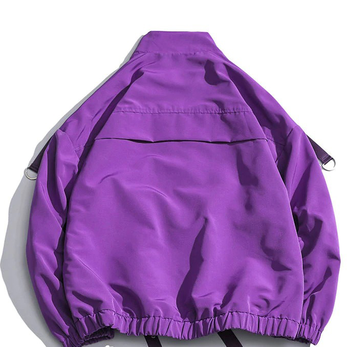 Stylish men's military streetwear jacket in vibrant purple, featuring unique pockets and a cozy oversized fit.