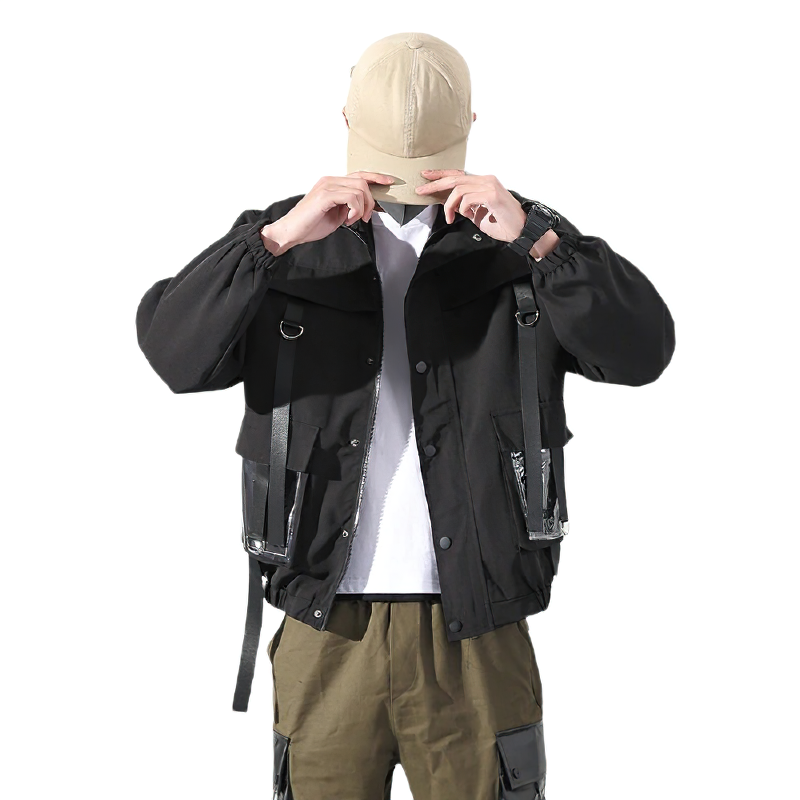 Men's stylish black military streetwear jacket with creative pockets, oversized cut, and trendy design.