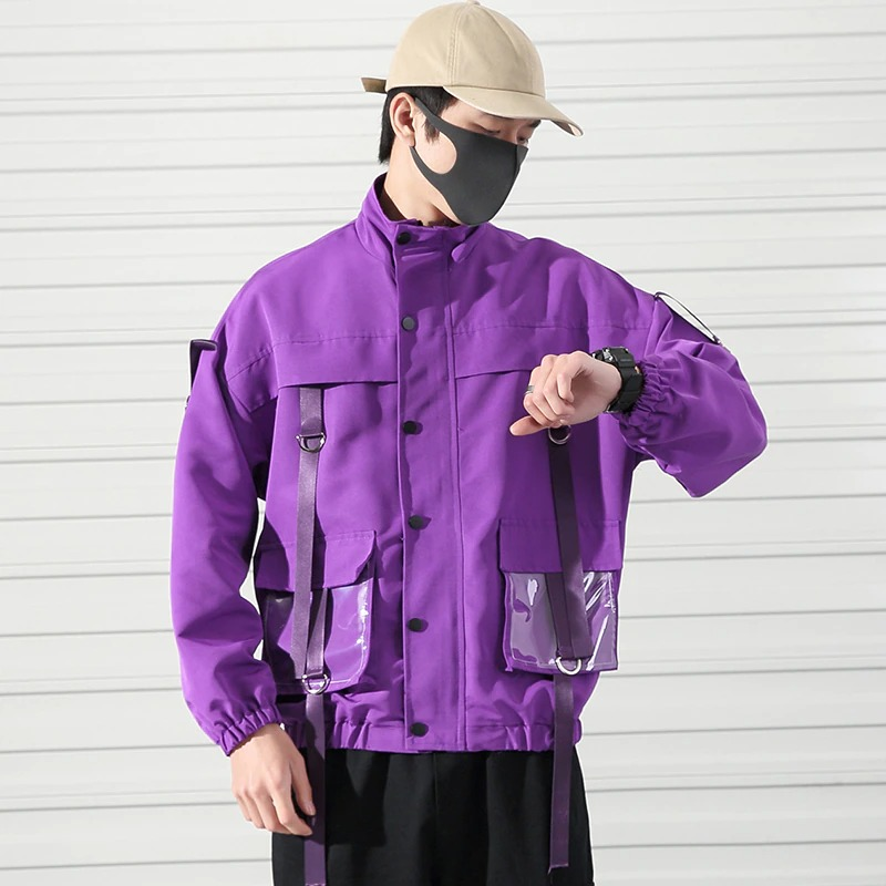Trendy men's military streetwear jacket in purple with ribbons and creative pockets, perfect for alternative fashion.