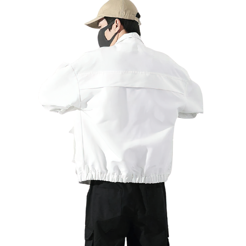 Men's oversized white military streetwear jacket with unique ribbon details and pockets, perfect for alternative fashion.