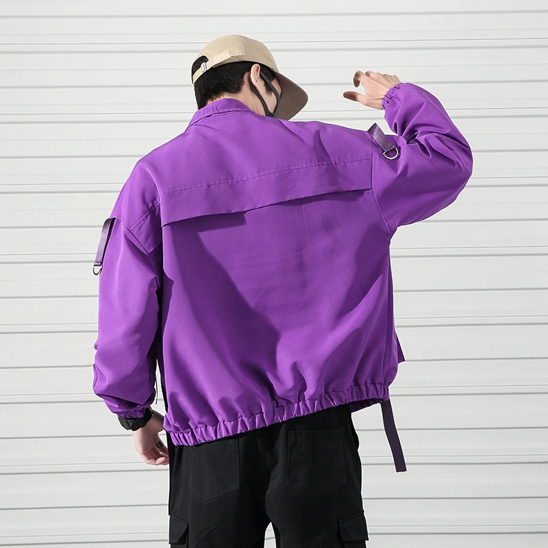Stylish purple military jacket for men featuring creative pockets and oversized cut for comfort, perfect for alternative streetwear.