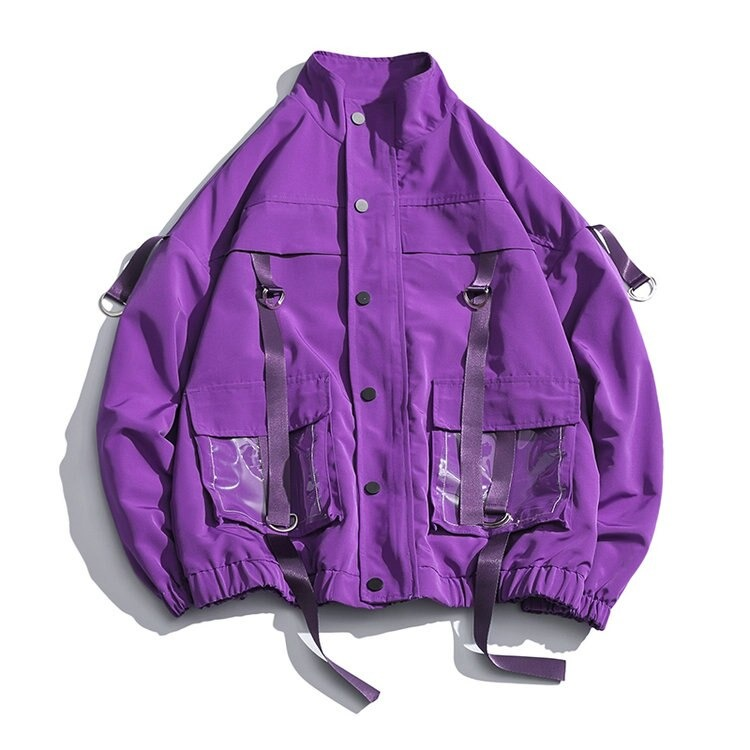 Purple military streetwear jacket for men with creative pockets and oversized fit, perfect for alternative style.