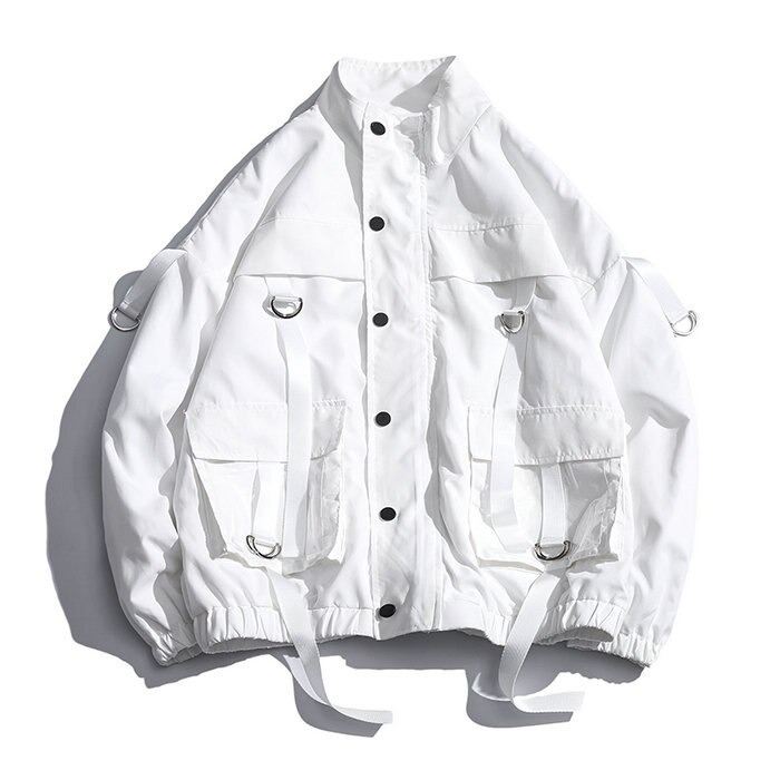 Stylish white military streetwear jacket featuring creative pockets and oversized fit.