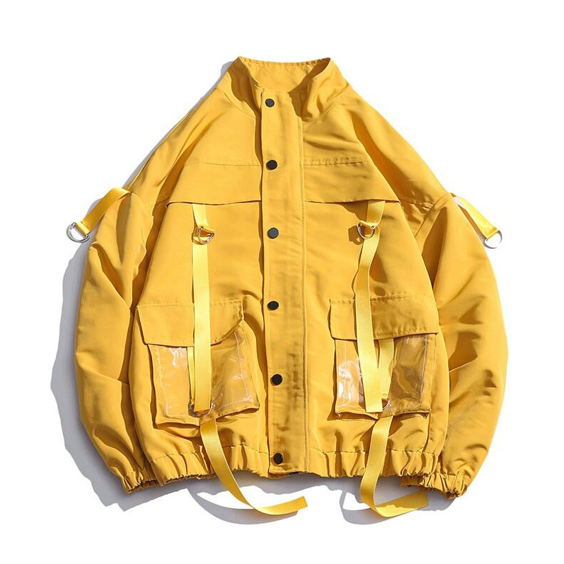Stylish yellow military streetwear jacket for men with creative pockets and ribbons, perfect for an alternative fashion statement.